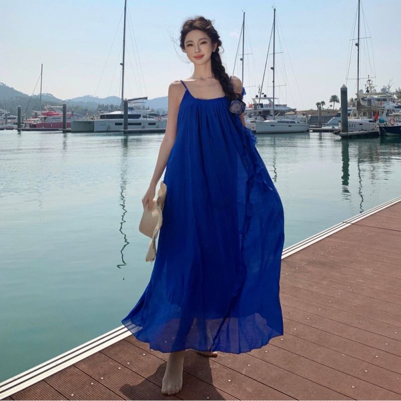 Scoop Neck Maxi Strap Trim Plain A-Line Spaghetti Ruffle Dress