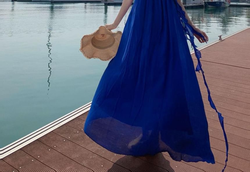 Plain Neck Dress Spaghetti Scoop Strap Ruffle A-Line Maxi Trim