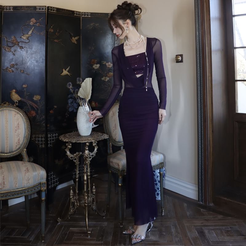 Sleeve Sequined Dress Bodycon Maxi Panel Long Neck Cowl Plain