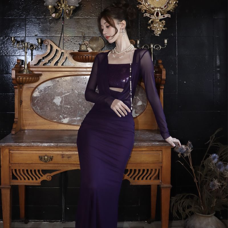 Sleeve Sequined Dress Bodycon Maxi Panel Long Neck Cowl Plain