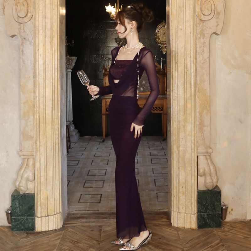 Sleeve Sequined Dress Bodycon Maxi Panel Long Neck Cowl Plain