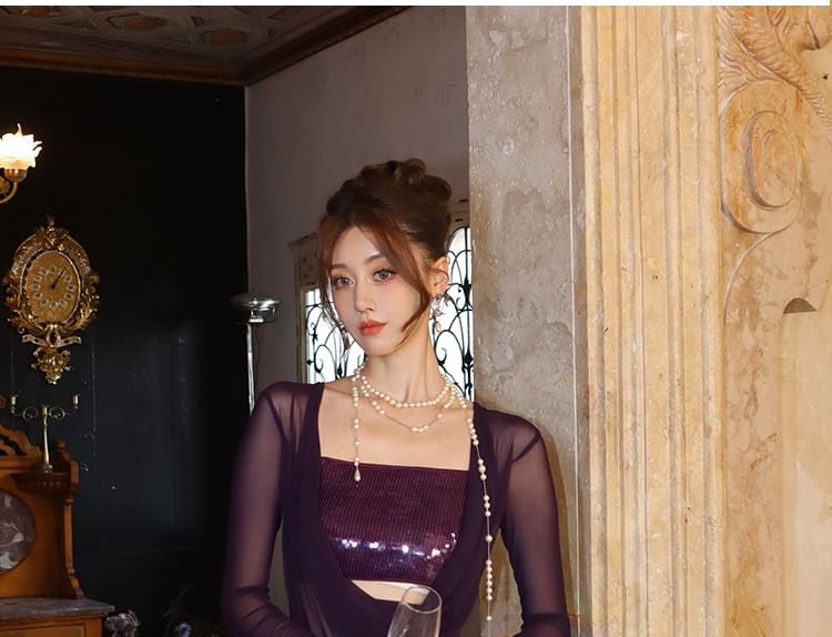 Sleeve Sequined Dress Bodycon Maxi Panel Long Neck Cowl Plain