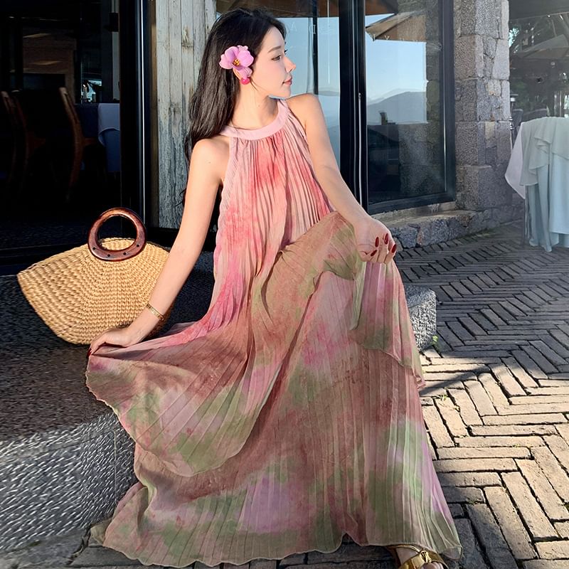 Dye A-Line Crew Dress Neck Tie Sleeveless Pleated Maxi