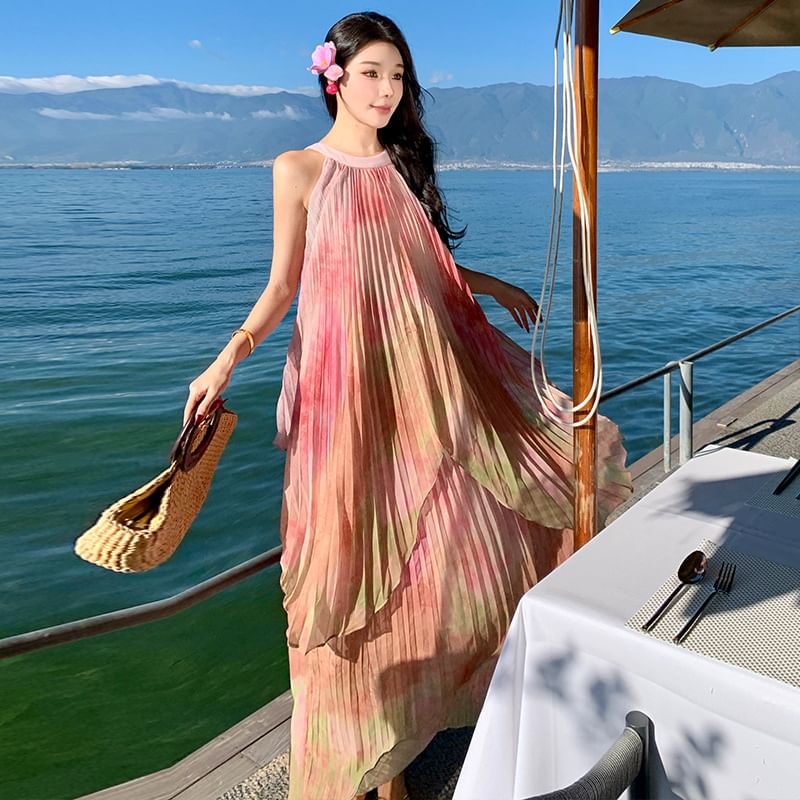 Sleeveless Pleated Neck Tie Dye A-Line Crew Dress Maxi