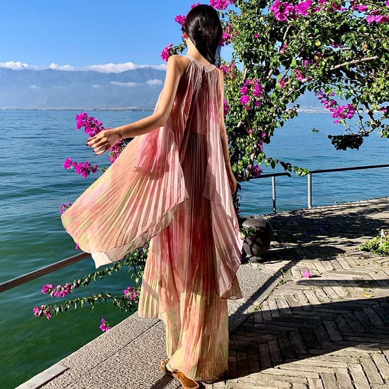 Neck Dress Pleated Tie Sleeveless Dye A-Line Crew Maxi