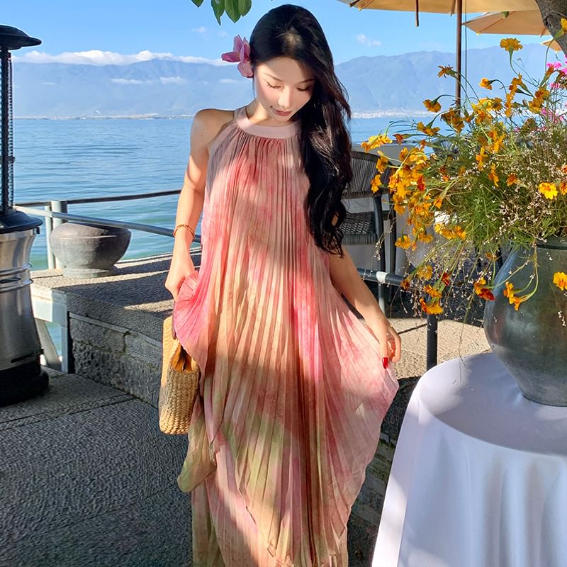 Dye A-Line Crew Dress Neck Tie Sleeveless Pleated Maxi