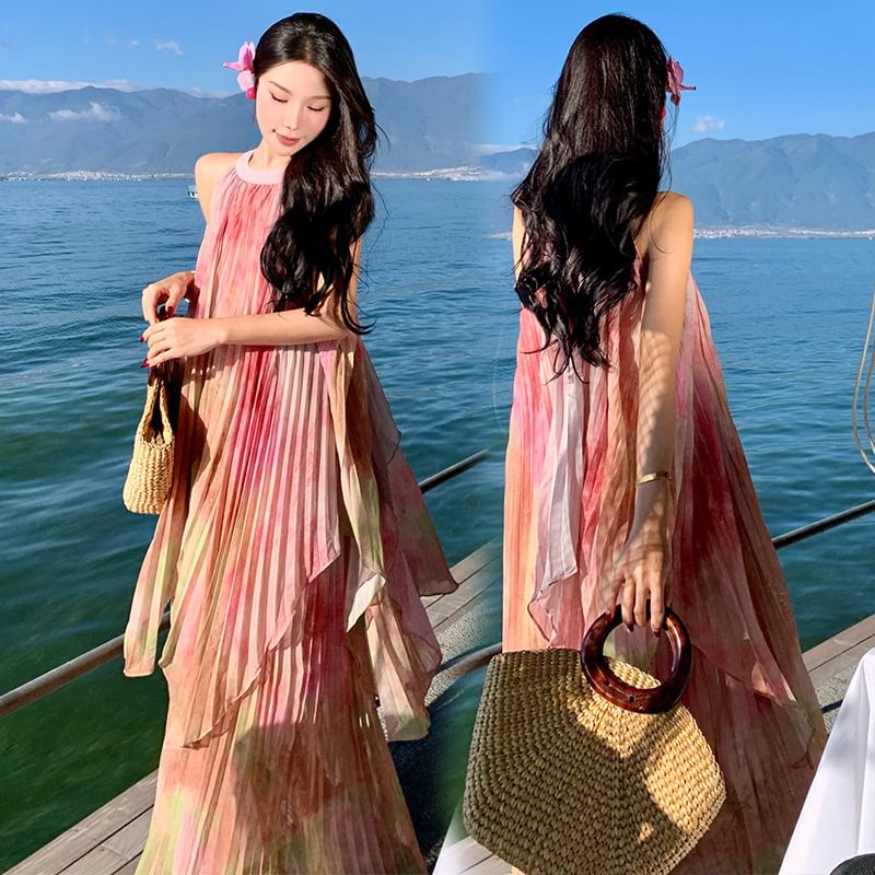 Dye A-Line Crew Dress Neck Tie Sleeveless Pleated Maxi