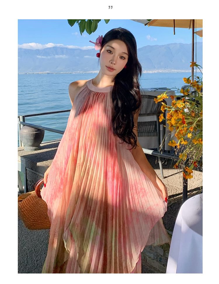 Sleeveless Pleated Neck Tie Dye A-Line Crew Dress Maxi