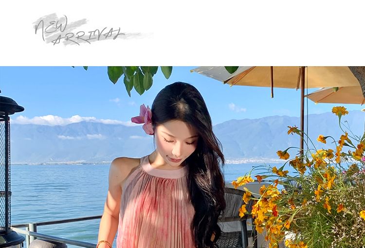 Sleeveless Pleated Neck Tie Dye A-Line Crew Dress Maxi