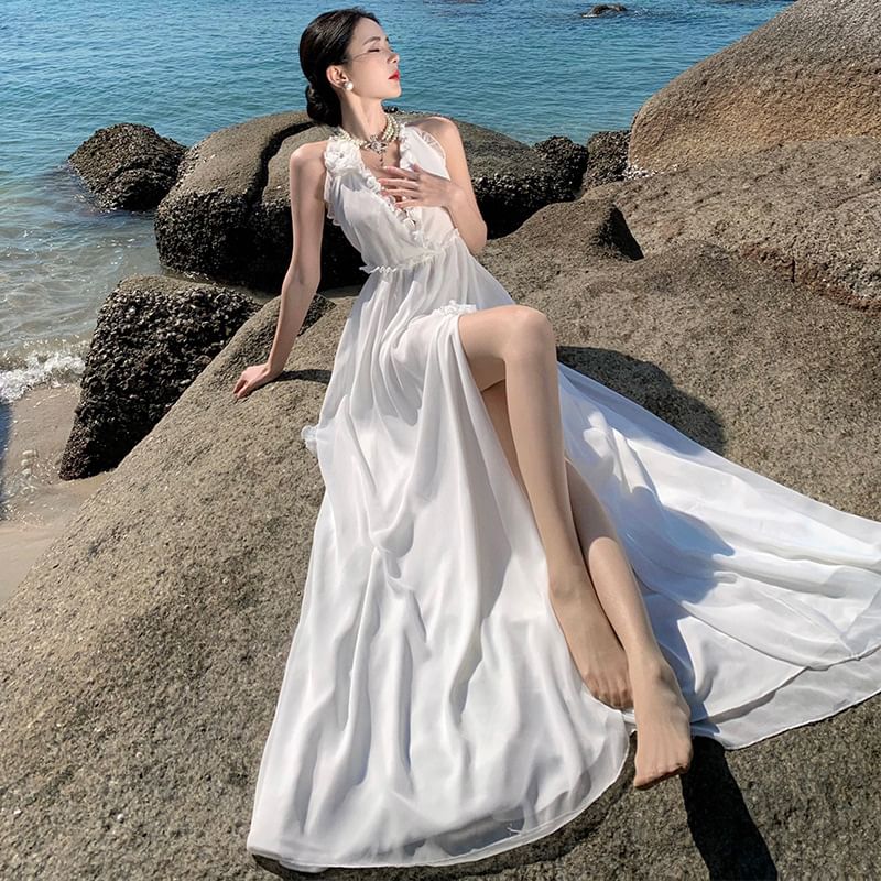 Slit Maxi Plain A-Line V-Neck Dress Sleeveless