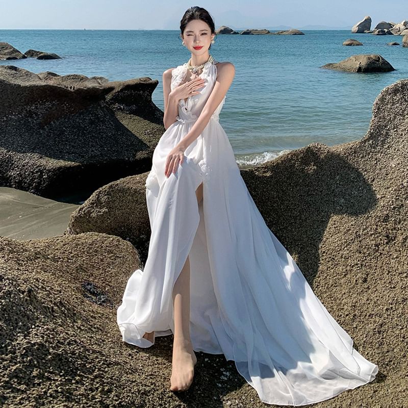 Slit Maxi Plain A-Line V-Neck Dress Sleeveless