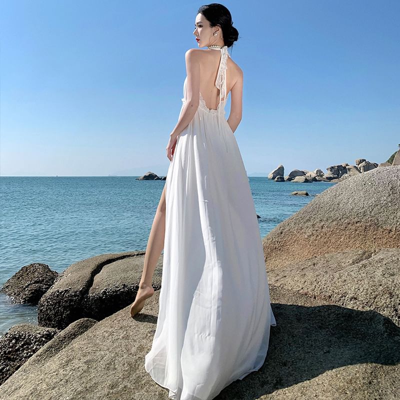 Slit Maxi Plain A-Line V-Neck Dress Sleeveless