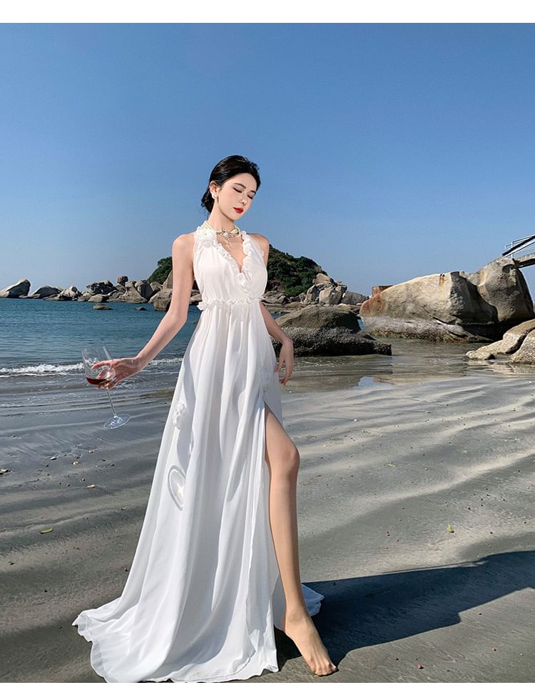 Slit Maxi Plain A-Line V-Neck Dress Sleeveless