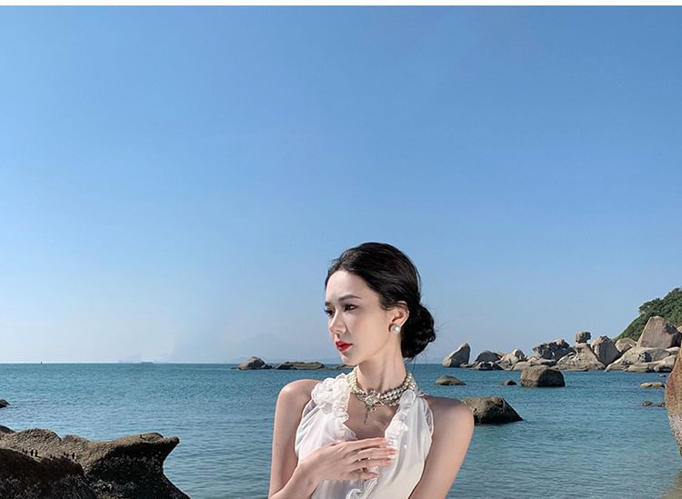 Slit Maxi Plain A-Line V-Neck Dress Sleeveless