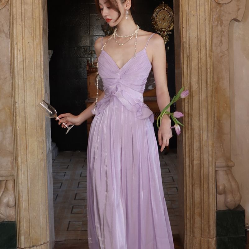 Ruffle V-Neck Spaghetti Dress Maxi A-Line Plain Strap Trim