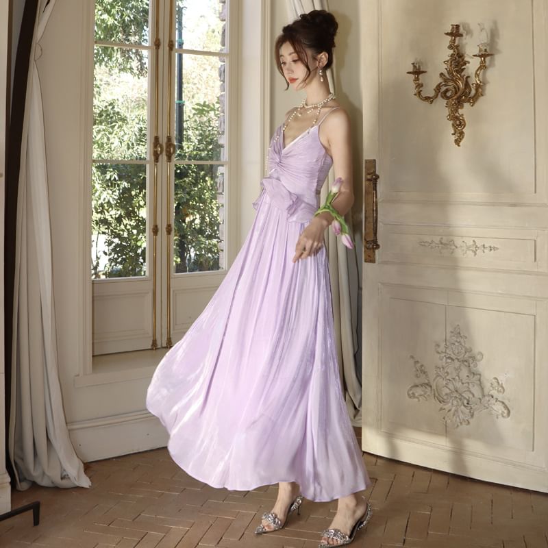 Ruffle V-Neck Spaghetti Dress Maxi A-Line Plain Strap Trim