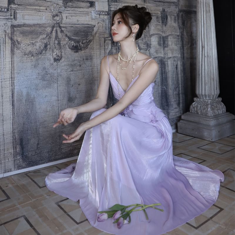 Ruffle V-Neck Spaghetti Dress Maxi A-Line Plain Strap Trim