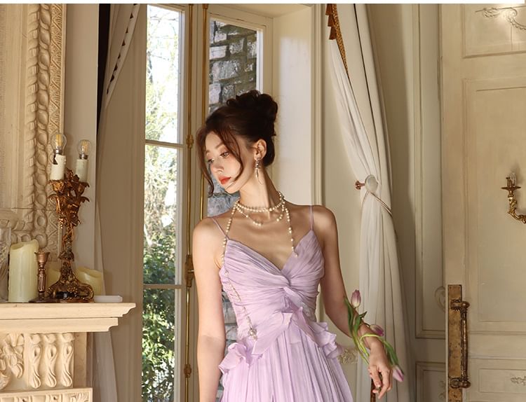 Ruffle V-Neck Spaghetti Dress Maxi A-Line Plain Strap Trim