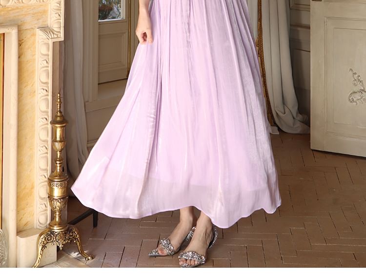 Ruffle V-Neck Spaghetti Dress Maxi A-Line Plain Strap Trim