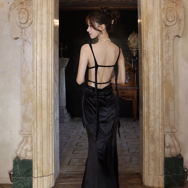 Plain Neck Dress Strap Ruched Spaghetti Sheath Maxi Sweetheart