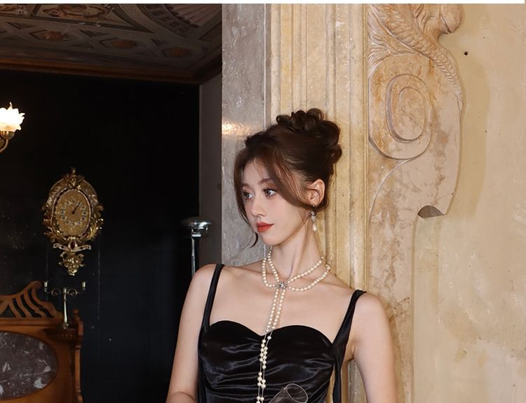 Plain Neck Dress Strap Ruched Spaghetti Sheath Maxi Sweetheart