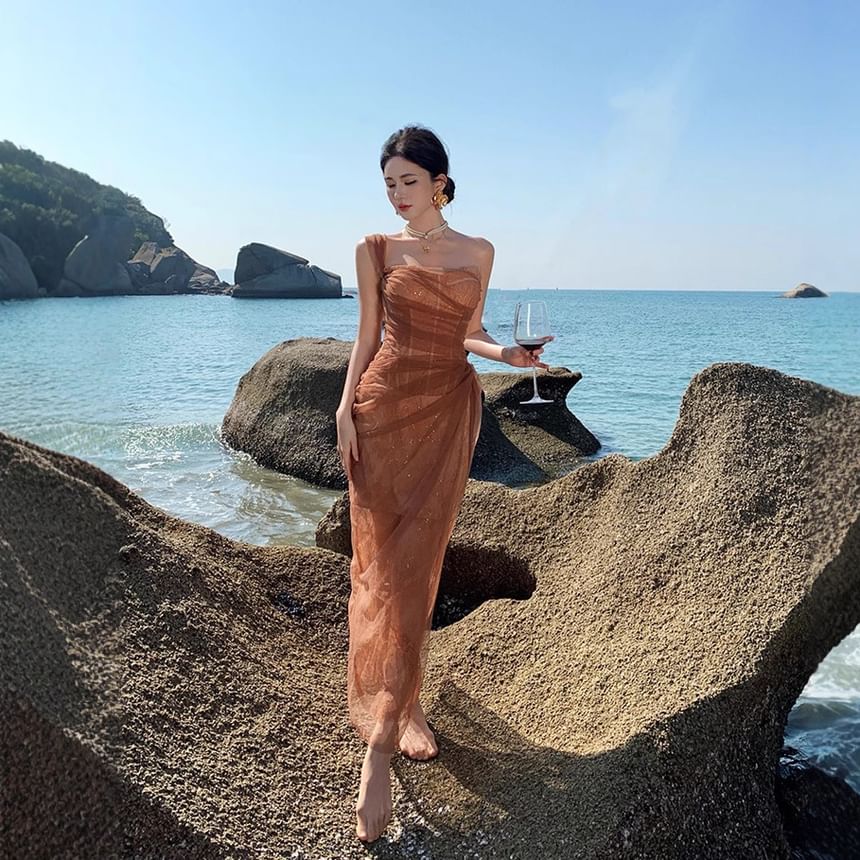 Sequin Evening Maxi Gown Sheer One Shoulder Sleeveless Ruffle