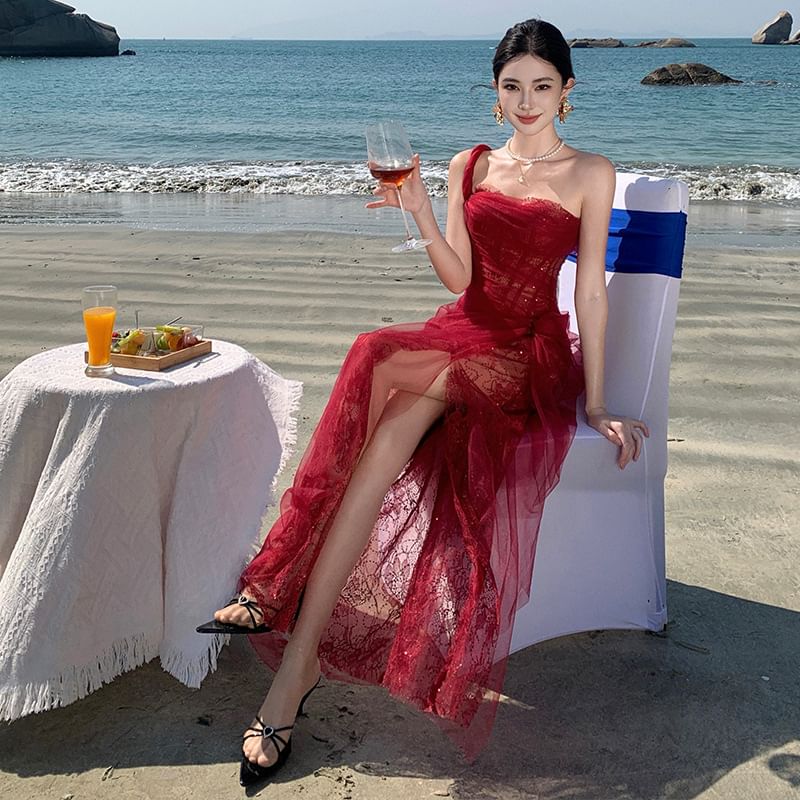 Sequin Evening Maxi Gown Sheer One Shoulder Sleeveless Ruffle