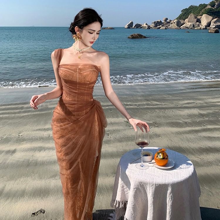 Sequin Evening Maxi Gown Sheer One Shoulder Sleeveless Ruffle