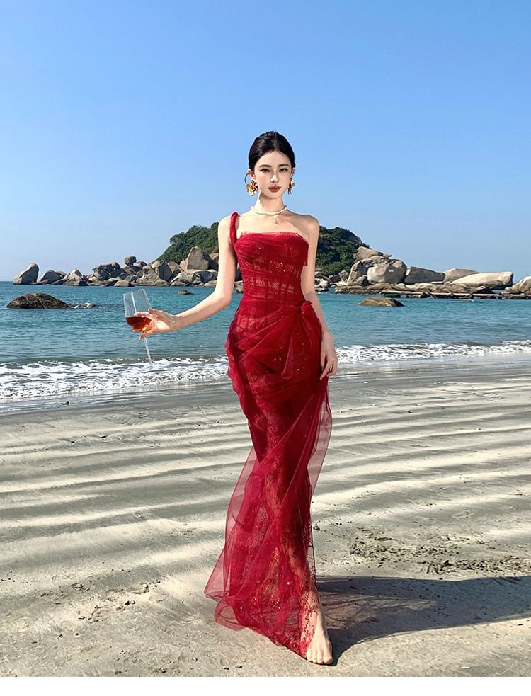 Sequin Evening Maxi Gown Sheer One Shoulder Sleeveless Ruffle