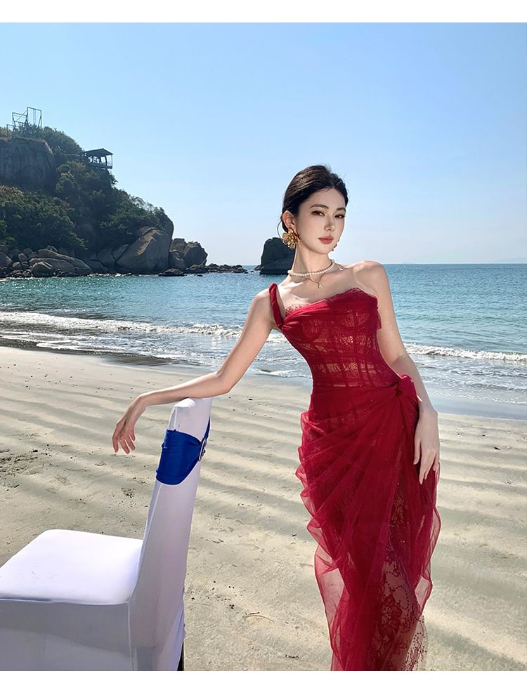 Sheer Gown Evening Sleeveless Sequin Ruffle Shoulder Maxi One