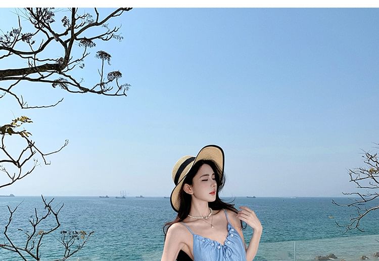 Ruched Strap Dress Plain A-Line V-Neck Spaghetti Maxi