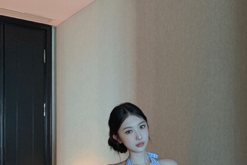 Pants Leg Waist V-Neck / Top Low Button-Up Halter Wide Crop Gingham