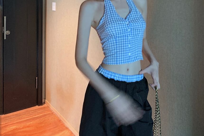 Pants Leg Waist V-Neck / Top Low Button-Up Halter Wide Crop Gingham