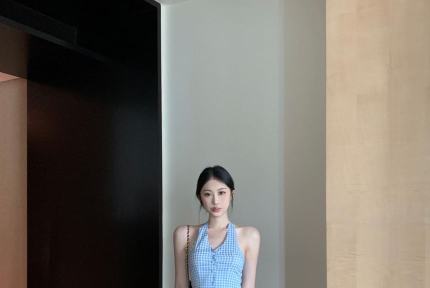 Pants Leg Waist V-Neck / Top Low Button-Up Halter Wide Crop Gingham