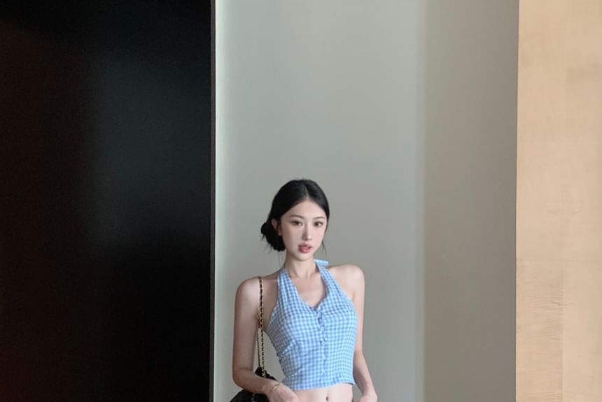 Pants Leg Waist V-Neck / Top Low Button-Up Halter Wide Crop Gingham