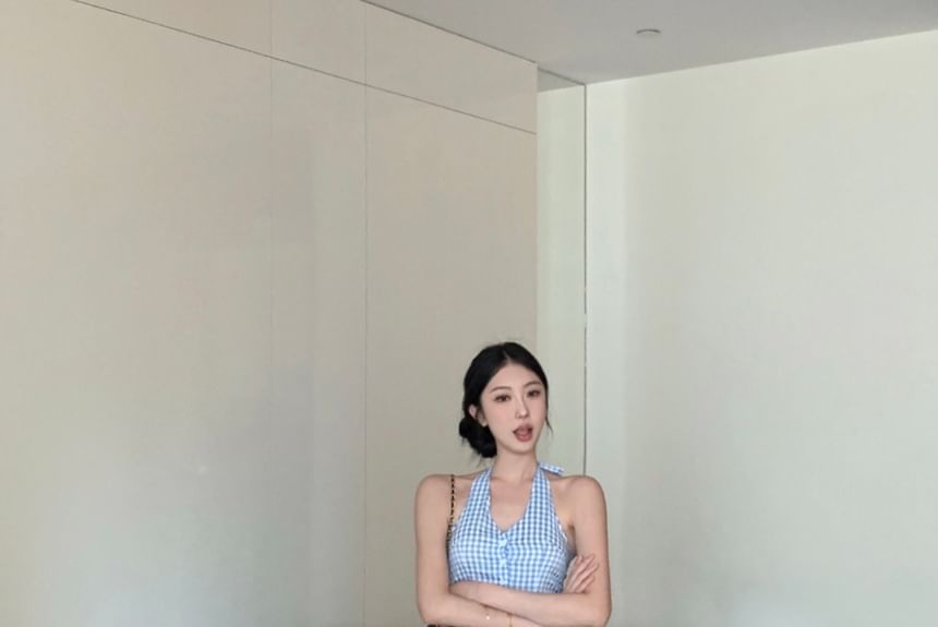 Pants Leg Waist V-Neck / Top Low Button-Up Halter Wide Crop Gingham