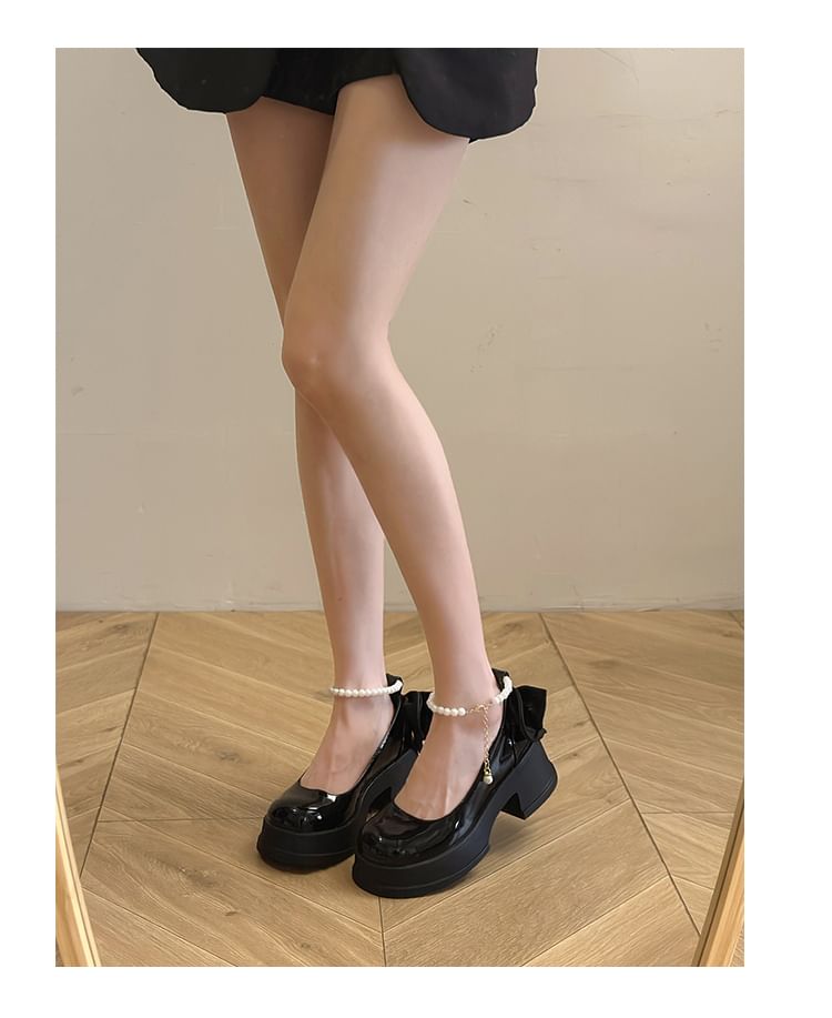 Bow Leather Ankle Strap Platform Patent Pumps