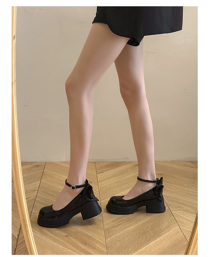 Bow Leather Ankle Strap Platform Patent Pumps