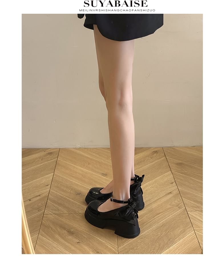 Bow Leather Ankle Strap Platform Patent Pumps