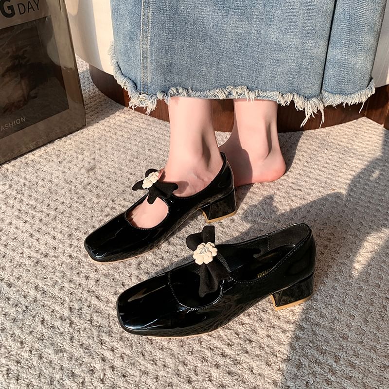 Flower Pumps Jane Bow Mary Toe Heel Square Block