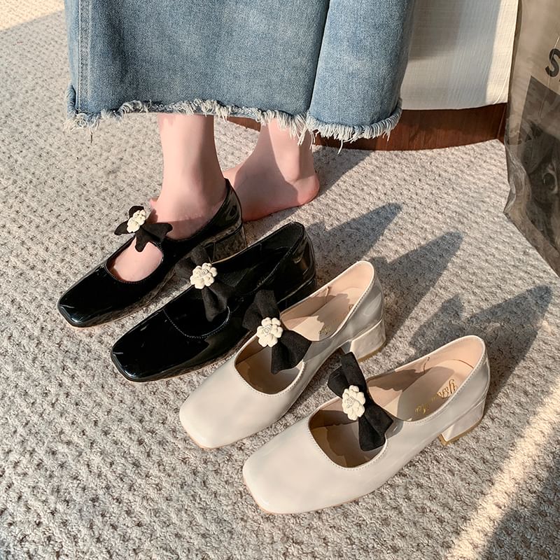 Flower Pumps Jane Bow Mary Toe Heel Square Block