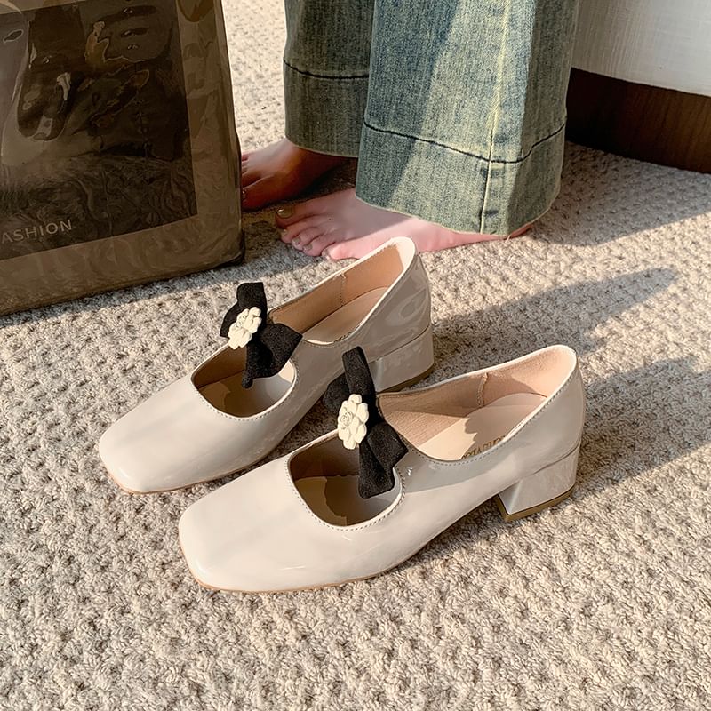 Flower Pumps Jane Bow Mary Toe Heel Square Block