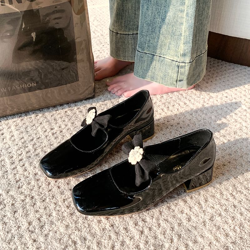 Flower Pumps Jane Bow Mary Toe Heel Square Block