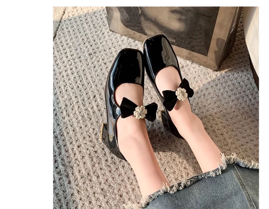 Flower Pumps Jane Bow Mary Toe Heel Square Block