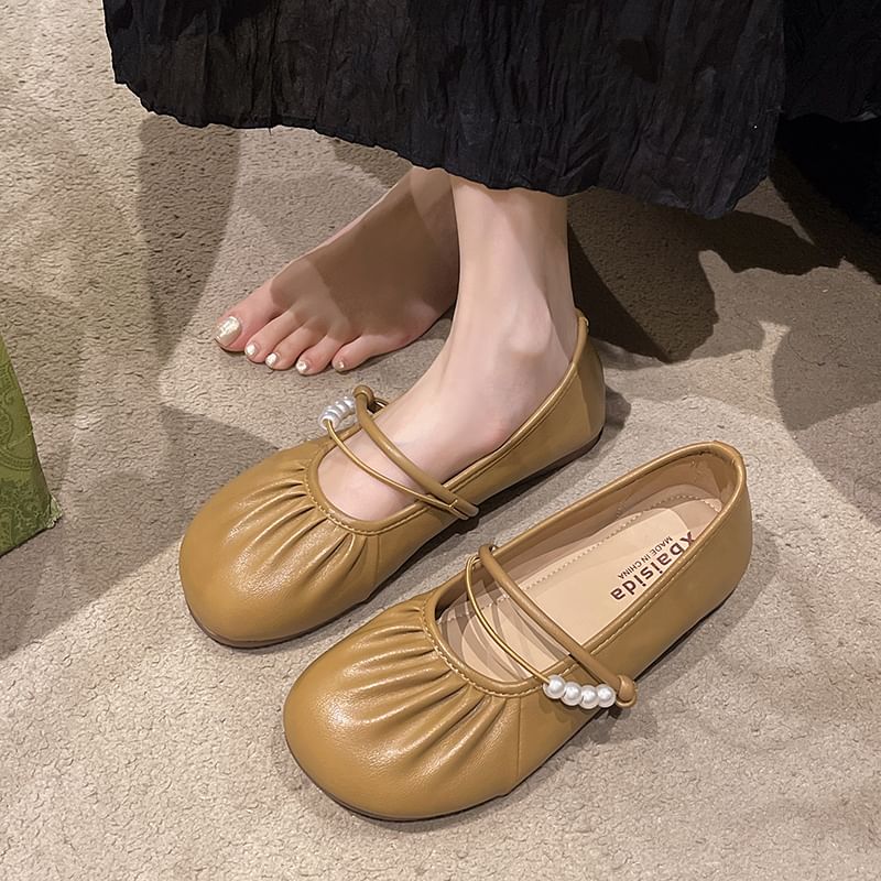 Flats Ruched Mary Jane Faux Pearl Beaded