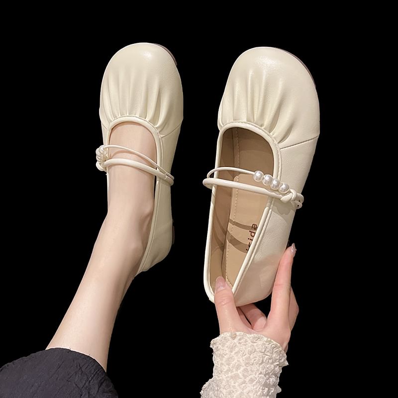 Flats Ruched Mary Jane Faux Pearl Beaded