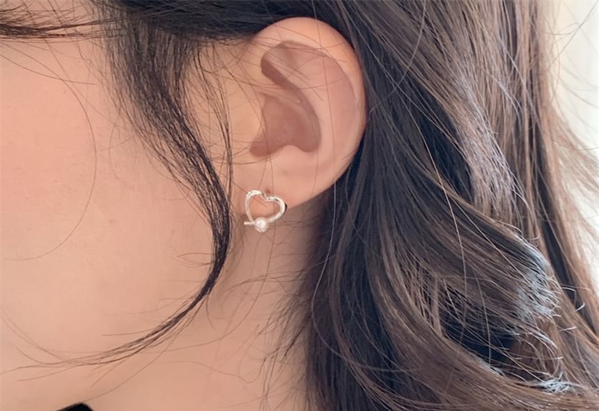 Earring Stud 925 Sterling Pearl Heart Silver Faux