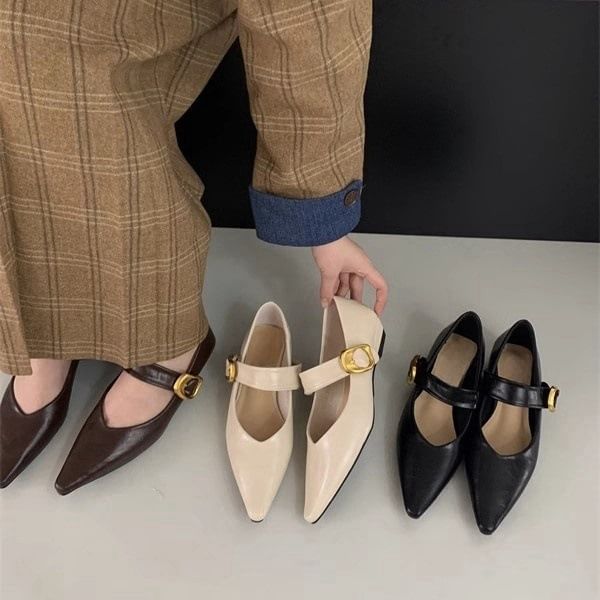 Pointed Faux Mary Jane Leather Shoes Toe Plain