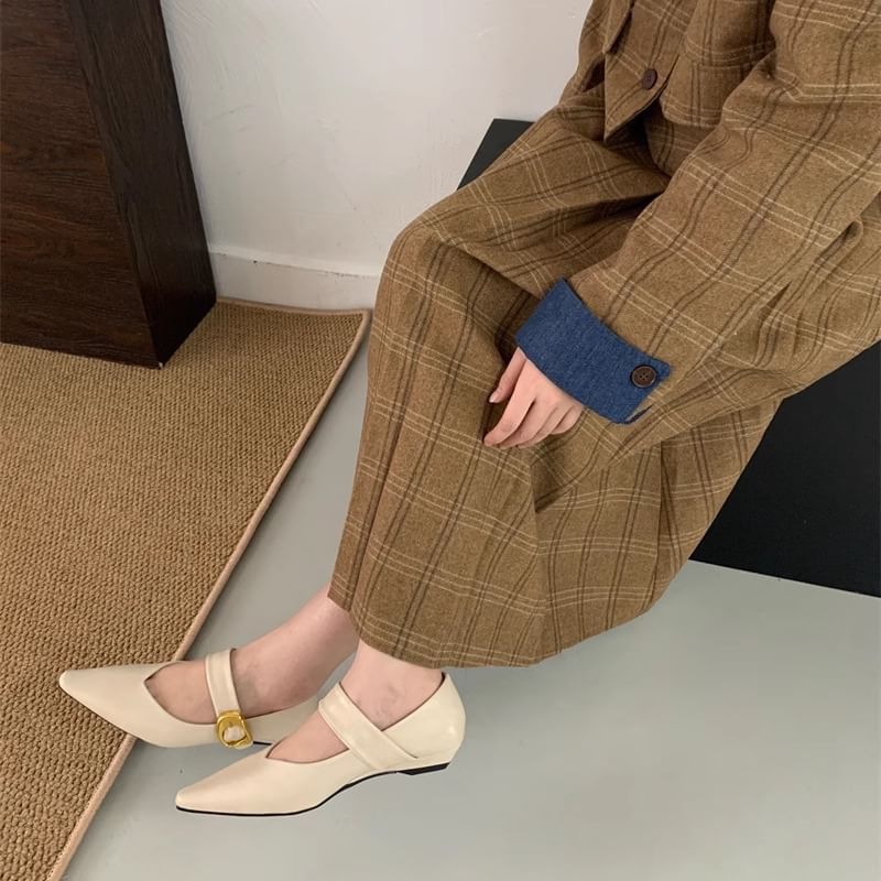 Pointed Faux Mary Jane Leather Shoes Toe Plain