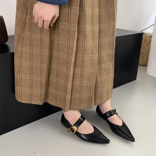 Pointed Faux Mary Jane Leather Shoes Toe Plain